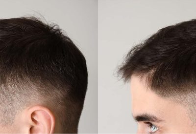 Young man before and after hair loss treatment on light background